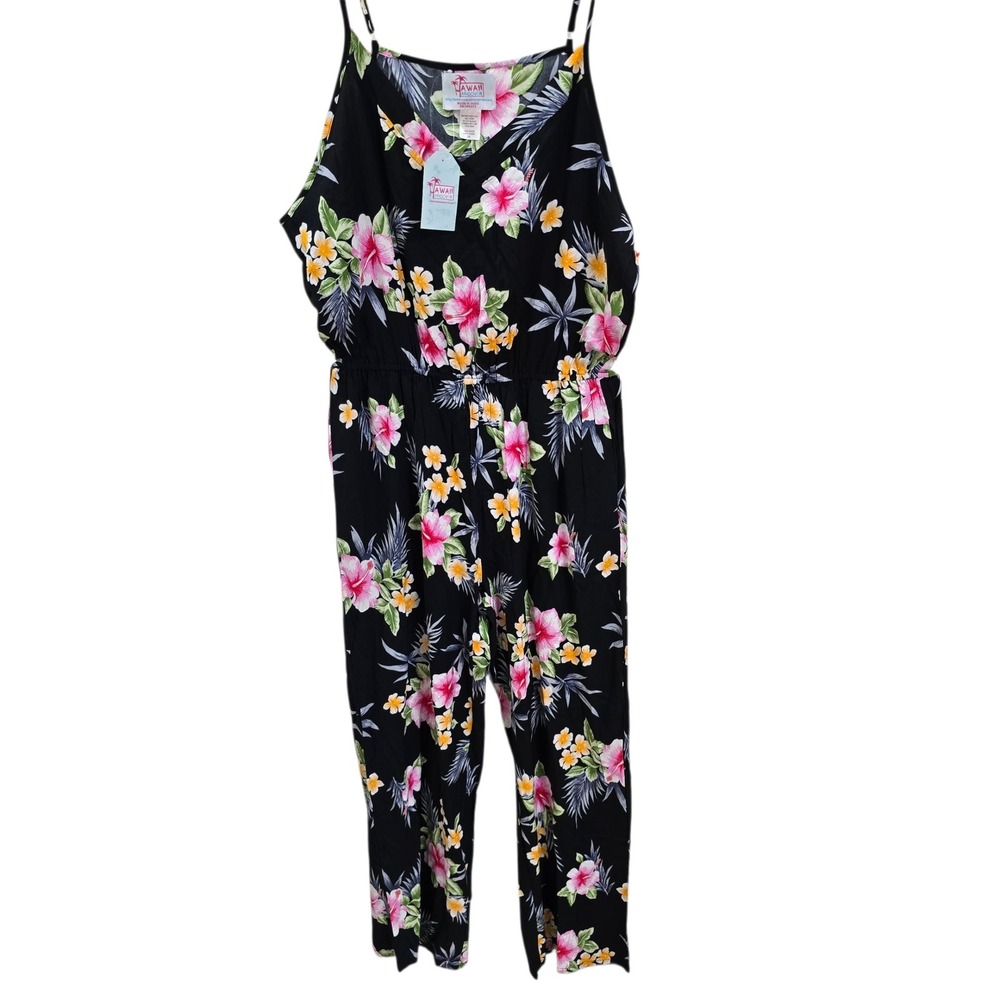 Hawaii Hangover Womens 2XL Black Floral Hibiscus Rayon Jumpsuit NWT Tropical